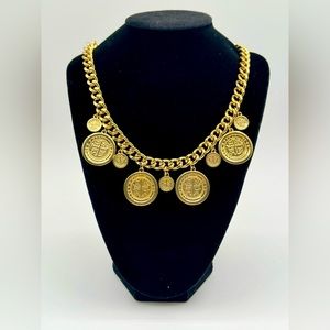 Vintage Gold Tone Faux Old Coin Design Necklace Unmarked 17” Chain & 3” Extender